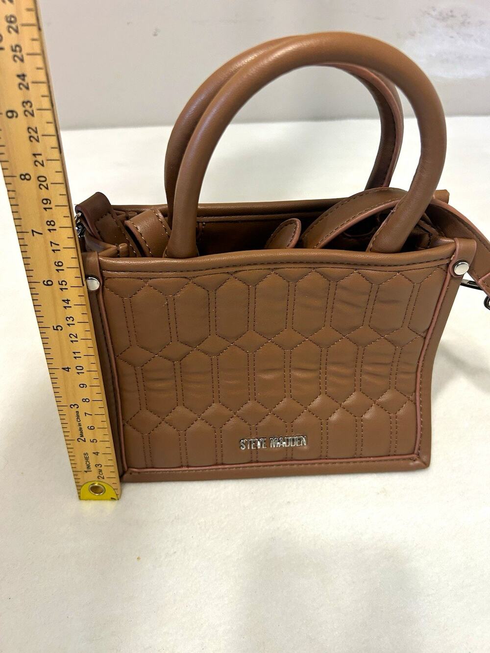 Steve Madden Brown Quilted Satchel Top Handle Zip Bag Detachable Crossbody Strap